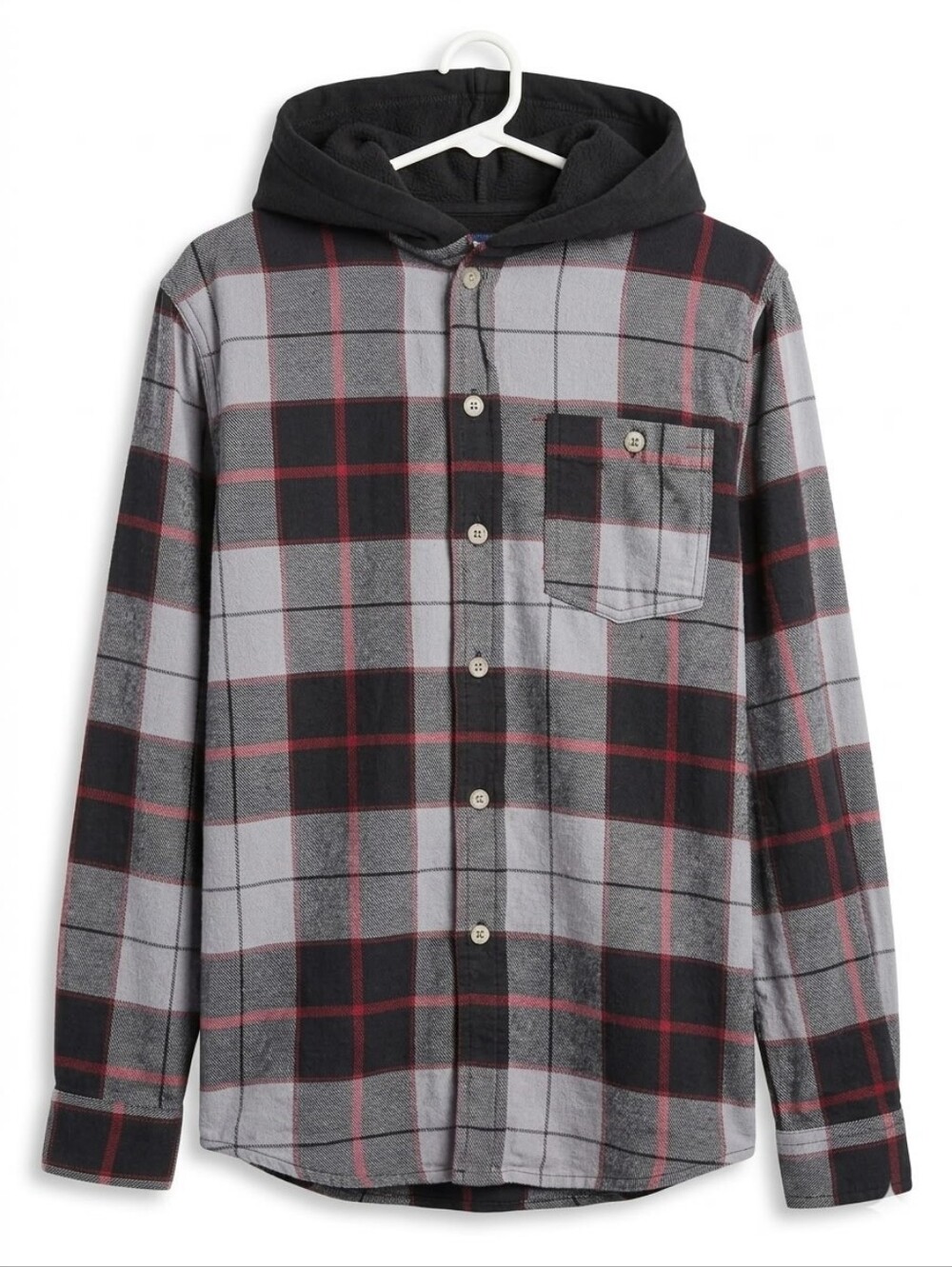 Men's Hooded Plaid Button-Up Shirt - Gray/Black with Red Accent